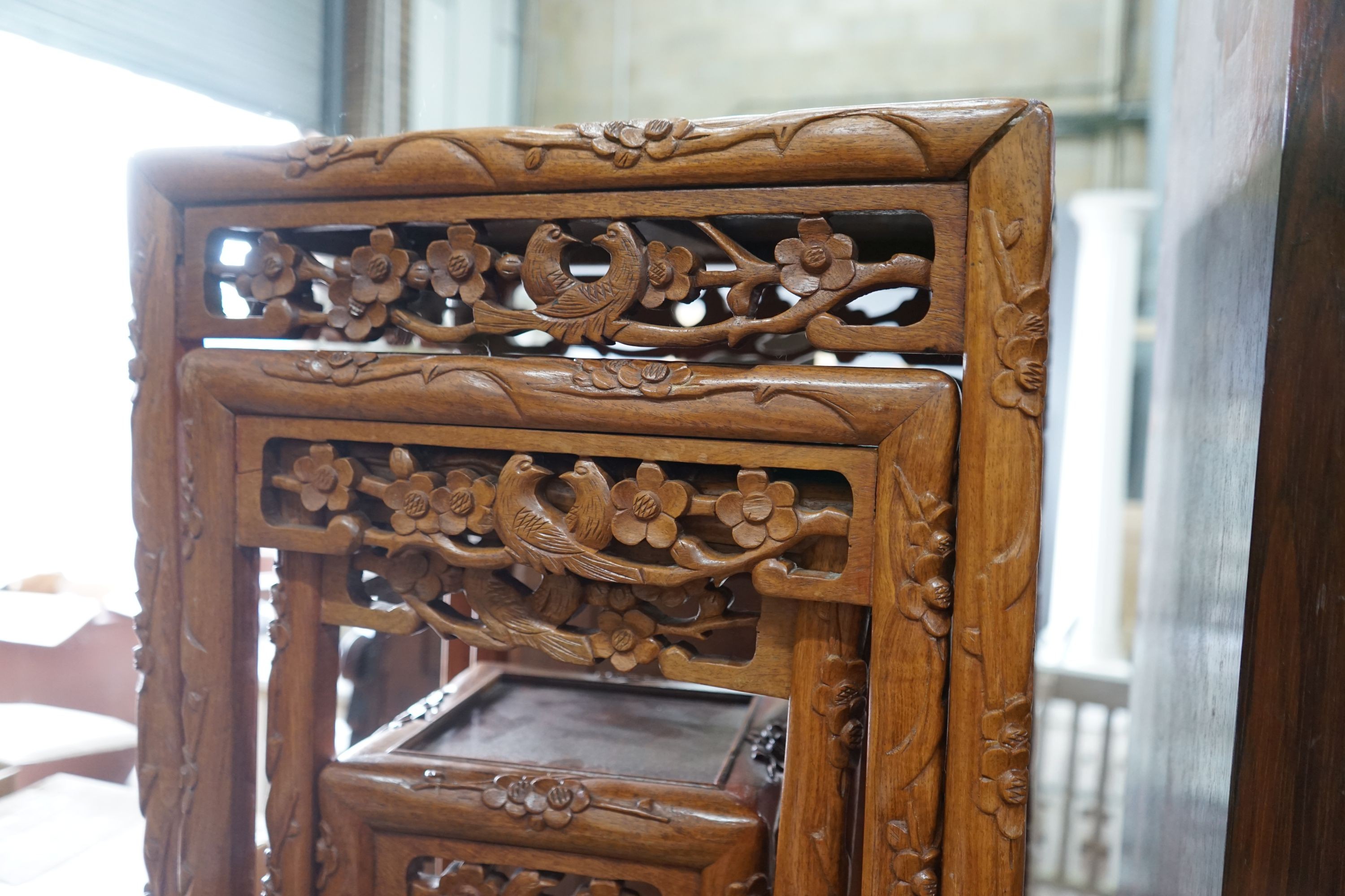 A quartetto of Chinese carved hardwood tea tables, width 46cm, depth 36cm, height 68cm